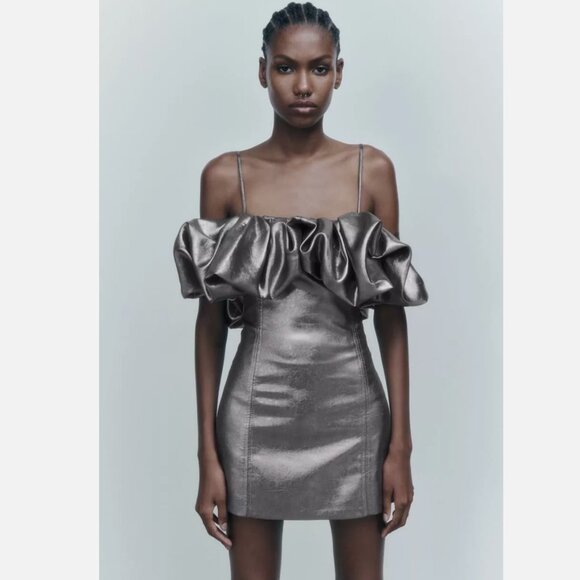 NWOT Zara Metallic Silver Voluminous Short Dress Size  Ref 7707/308 - Picture 1 of 7